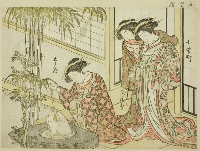 Framed Print : Courtesans of Maruya, from the book Mirror of Beautiful Women of the Pleasure Quarters... 1776. Creator: Shunsho. Courtesans of Maruya, from the book Mirror of Beautiful Women of the Pleasure Quarters... 1776. Creator: Shunsho