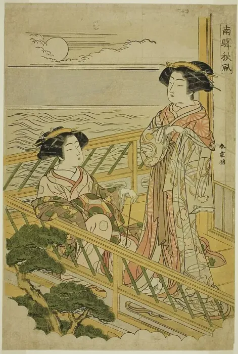 Framed Print : Two Courtesans on a Moonlit Balcony at a House of Pleasure in Shinagawa, from the... c. 1774. Creator: Shunsho Framed Print : Two Courtesans on a Moonlit Balcony at a House of Pleasure in Shinagawa, from the... c. 1774. Creator: Shunsho
