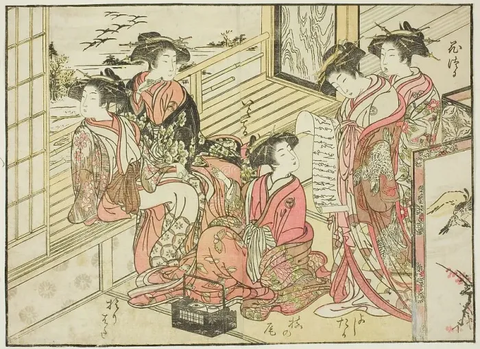 Framed Print : Courtesans of Okamoto, from the book Mirror of Beautiful Women of the Pleasure Quarters... 1776. Creator: Shunsho. Courtesans of Okamoto, from the book Mirror of Beautiful Women of the Pleasure Quarters... 1776. Creator: Shunsho