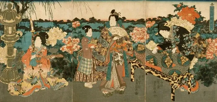 Framed Print : Courtesans in a Peony Garden, mid-19th century. Creator: Unknown Framed Print : Courtesans in a Peony Garden, mid-19th century. Creator: Unknown
