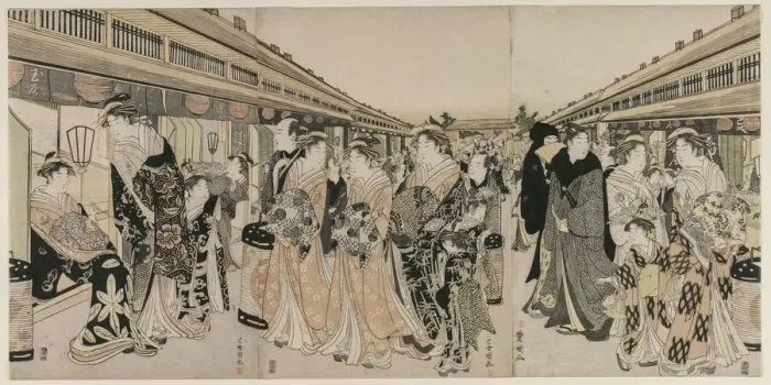 Framed Print : Courtesans Promenading on the Nakanocho, c. 1790. Creator: Utagawa Toyokuni (Japanese, 1769-1825) Framed Print : Courtesans Promenading on the Nakanocho, c. 1790. Creator: Utagawa Toyokuni (Japanese, 1769-1825)