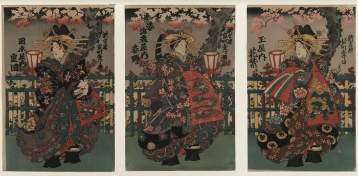 Framed Print : Courtesans Shigeoka, Sugatano and Hanamurasaki. Triptych. From the Series The Beauties of the Yoshiw Artist: Anonymous Framed Print : Courtesans Shigeoka, Sugatano and Hanamurasaki. Triptych. From the Series The Beauties of the Yoshiw Artist: Anonymous