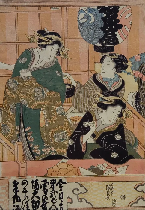 Framed Print : Courtesans in the theater, 1815-1819. Creator: Kunisada (Toyokuni III), Utagawa (1786-1864)