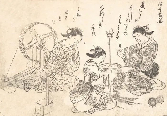 Framed Print : Three Courtesans Weaving Silk. Creator: Nishikawa Sukenobu Framed Print : Three Courtesans Weaving Silk. Creator: Nishikawa Sukenobu