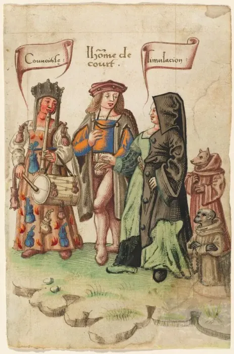 Framed Print : A Courtier Standing Between Covetousness and Dissimulation [fol. 14 recto], 1512  /  1514