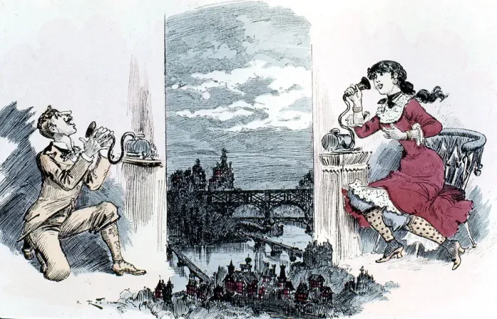 Framed Print : Courting by telephone across Paris, 1883 Framed Print : Courting by telephone across Paris, 1883