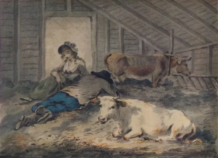 Framed Print : Courtship in a Cowshed, c1801. Artist: Julius Caesar Ibbetson