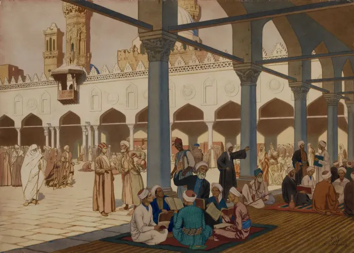 Framed Print : Courtyard of the Al-Azhar Mosque and University, Cairo, 1928. Artist: Bilibin, Ivan Yakovlevich (1876-1942) Framed Print : Courtyard of the Al-Azhar Mosque and University, Cairo, 1928. Artist: Bilibin, Ivan Yakovlevich (1876-1942)