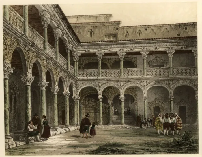 Framed Print : Courtyard of the archbishop Palace of Alcala de Henares, with scene of life Framed Print : Courtyard of the archbishop Palace of Alcala de Henares, with scene of life