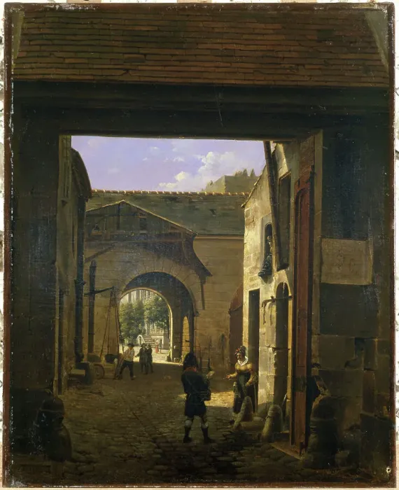 Framed Print : Courtyard of a coaching house, rue Saint-Denis, known as court Sainte-Catherine, 1815. Creator: Etienne Bouhot Framed Print : Courtyard of a coaching house, rue Saint-Denis, known as court Sainte-Catherine, 1815. Creator: Etienne Bouhot