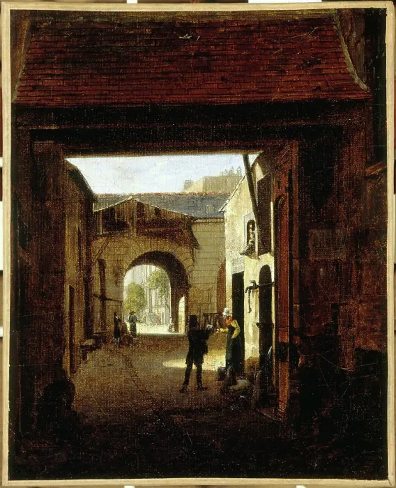 Framed Print : Courtyard of a coaching house, rue Saint-Denis, known as court Sainte-Catherine, c1815. Creator: Etienne Bouhot Framed Print : Courtyard of a coaching house, rue Saint-Denis, known as court Sainte-Catherine, c1815. Creator: Etienne Bouhot