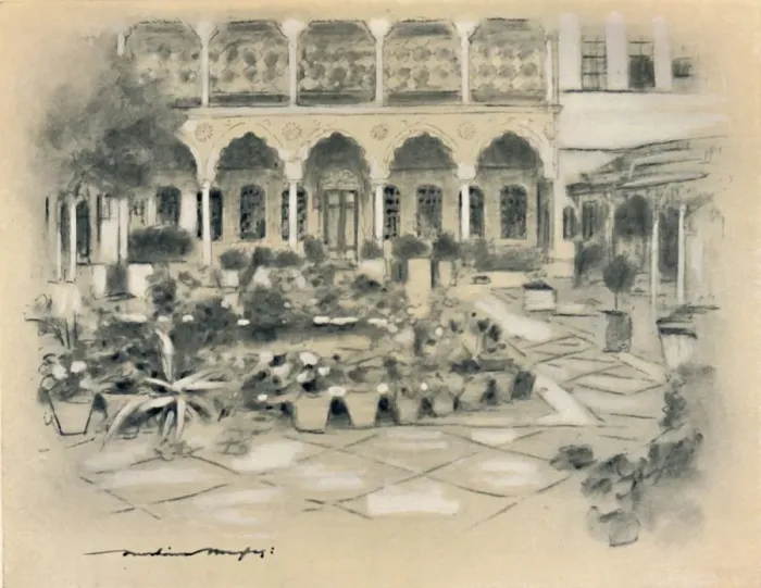 Framed Print : Courtyard in Damascus, 1903. Artist: Mortimer L Menpes Framed Print : Courtyard in Damascus, 1903. Artist: Mortimer L Menpes