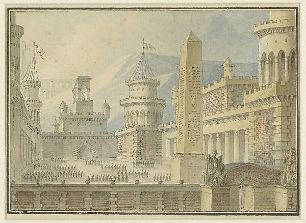 Courtyard of a fortress with obelisk, troops in line, 1800-1900. Creator: Alphonse Jean-Baptiste Vien