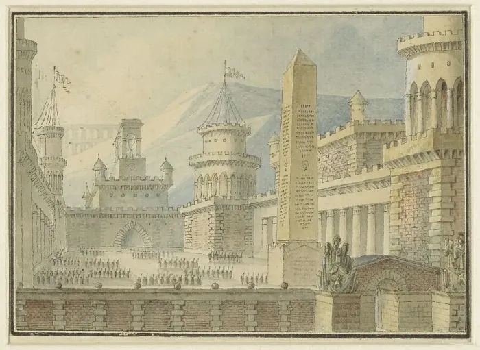Framed Print : Courtyard of a fortress with obelisk, troops in line, 1800-1900. Creator: Alphonse Jean-Baptiste Vien Framed Print : Courtyard of a fortress with obelisk, troops in line, 1800-1900. Creator: Alphonse Jean-Baptiste Vien