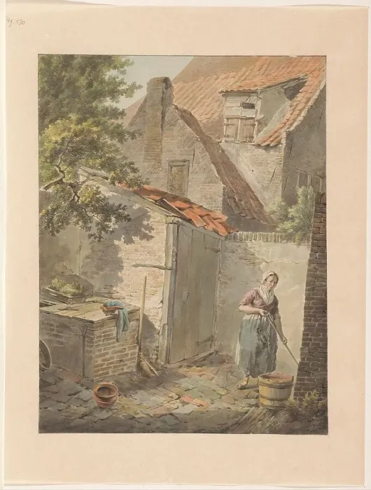 Framed Print : Courtyard with a maid who cleans, 1775-1840. Creator: Carel Lodewijk Hansen Framed Print : Courtyard with a maid who cleans, 1775-1840. Creator: Carel Lodewijk Hansen