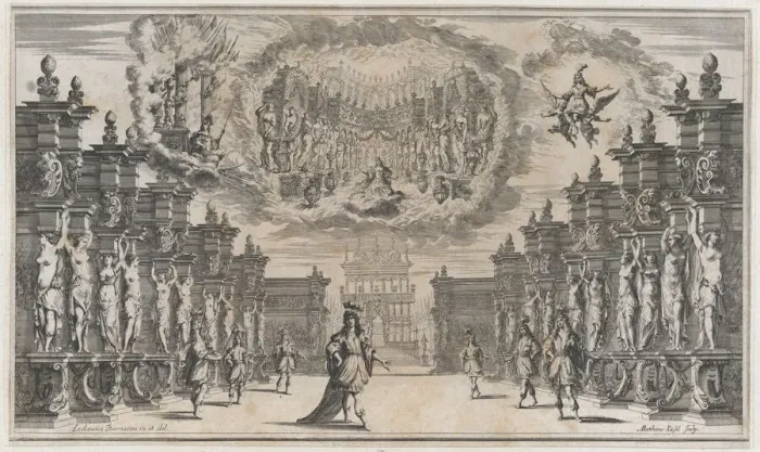 Framed Print : Courtyard of a palace with a man standing at center surrounded by attendants; above, a vis... 1668. Creator: Mathaus Küsel Framed Print : Courtyard of a palace with a man standing at center surrounded by attendants; above, a vis... 1668. Creator: Mathaus Küsel