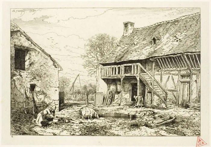 Framed Print : Courtyard of a Peasant Dwelling, 1845. Creator: Charles Emile Jacque Framed Print : Courtyard of a Peasant Dwelling, 1845. Creator: Charles Emile Jacque