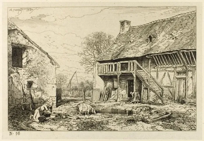 Framed Print : Courtyard of a Peasant Dwelling, 1846. Creator: Charles Emile Jacque Framed Print : Courtyard of a Peasant Dwelling, 1846. Creator: Charles Emile Jacque
