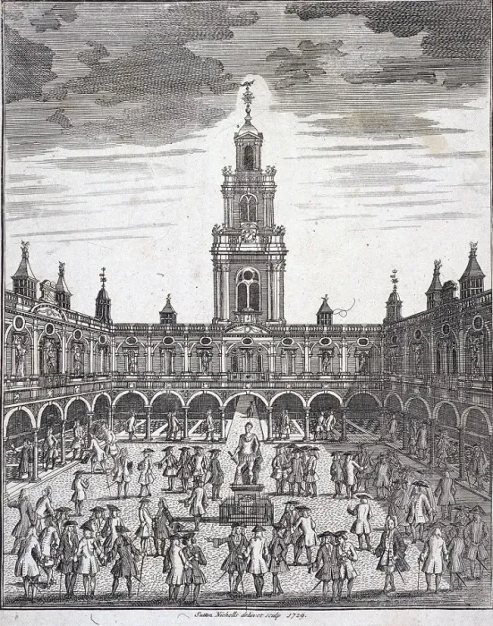 Framed Print : Courtyard of the Royal Exchange (2nd) London, 1729. Artist: Sutton Nicholls Framed Print : Courtyard of the Royal Exchange (2nd) London, 1729. Artist: Sutton Nicholls