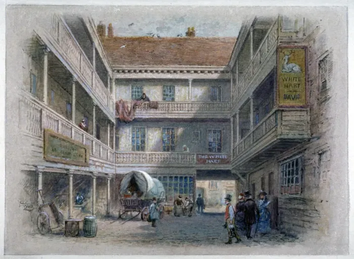 Framed Print : Courtyard of the White Hart Inn, Borough High Street, Southwark, London, c1860. Artist Framed Print : Courtyard of the White Hart Inn, Borough High Street, Southwark, London, c1860. Artist