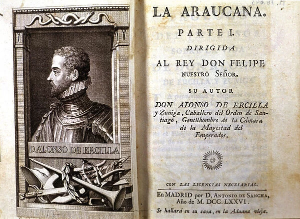 Cover of the book La Araucana, 1776 edition with engraving of the bust of the author