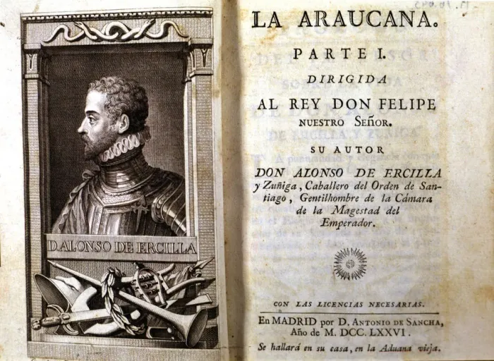 Framed Print : Cover of the book La Araucana, 1776 edition with engraving of the bust of the author Framed Print : Cover of the book La Araucana, 1776 edition with engraving of the bust of the author
