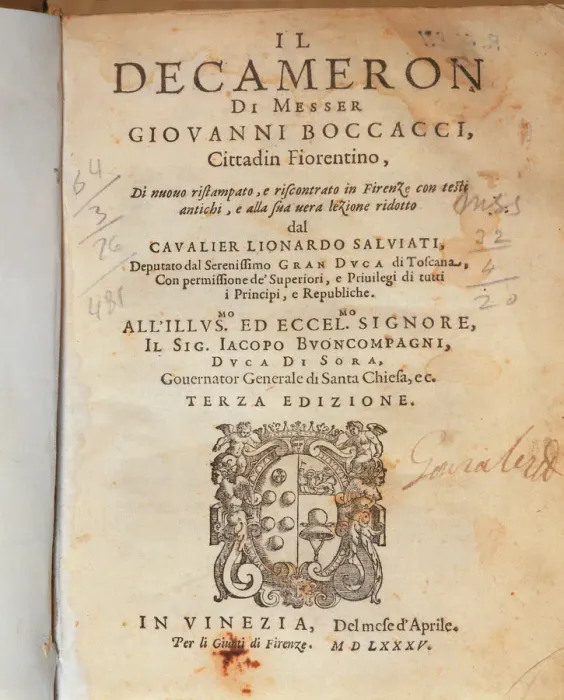 Framed Print : Cover of the Deccameron by Giovanni Boccaccio, published in Venice, 1635
