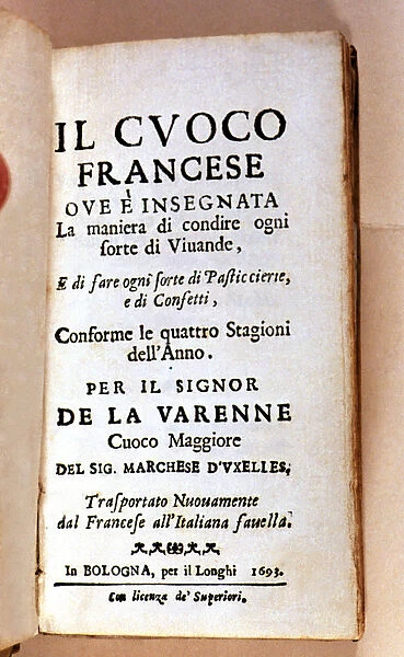 Cover of Il cuoco Francese, printed in Bologna, Il. Longhi, 1693