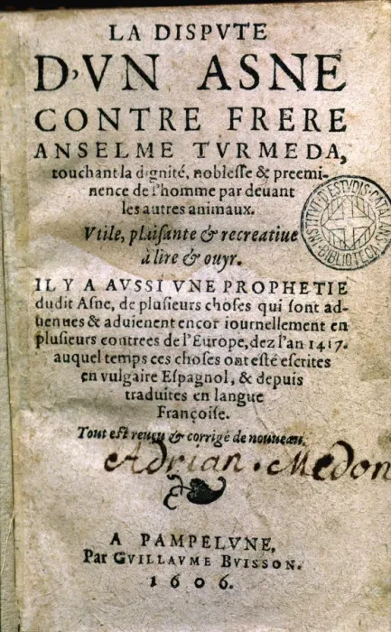 Framed Print : Cover of La Dispute d un Asne contre frere Anselme Turmeda, printed edition in Pamplona Framed Print : Cover of La Dispute d un Asne contre frere Anselme Turmeda, printed edition in Pamplona