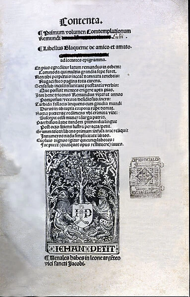 Cover of the Latin edition printed by Jean Petit in Paris in 1505, Libre d Amic e d Amat