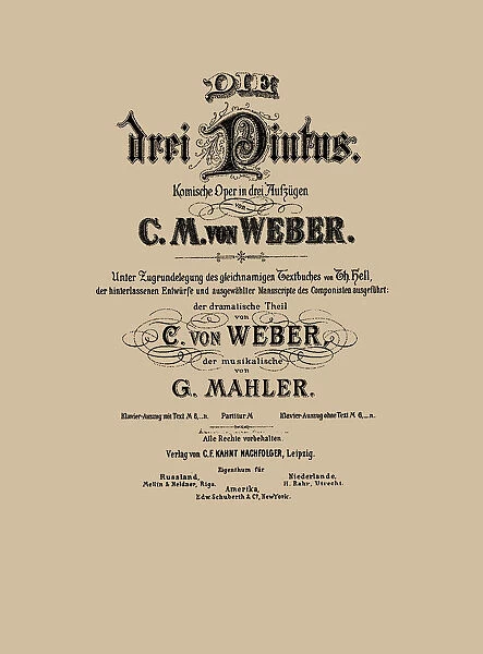 Cover of the vocal score of opera Die drei Pintos by Carl Maria von Weber, 1888