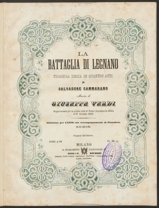 Framed Print : Cover of the vocal score of opera La battaglia di Legnano by Giuseppe Verdi, 1860 Framed Print : Cover of the vocal score of opera La battaglia di Legnano by Giuseppe Verdi, 1860