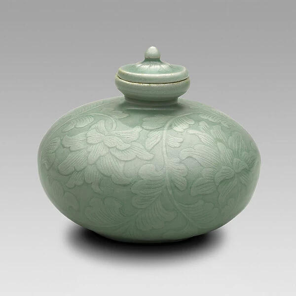 Covered Oil Bottle with Flowering Lotus and Scrolling Leaves, North Korea, Goryeo... 12th century. Creator: Unknown