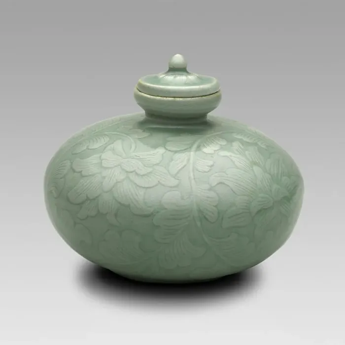 Framed Print : Covered Oil Bottle with Flowering Lotus and Scrolling Leaves, North Korea, Goryeo... 12th century. Creator: Unknown Framed Print : Covered Oil Bottle with Flowering Lotus and Scrolling Leaves, North Korea, Goryeo... 12th century. Creator: Unknown