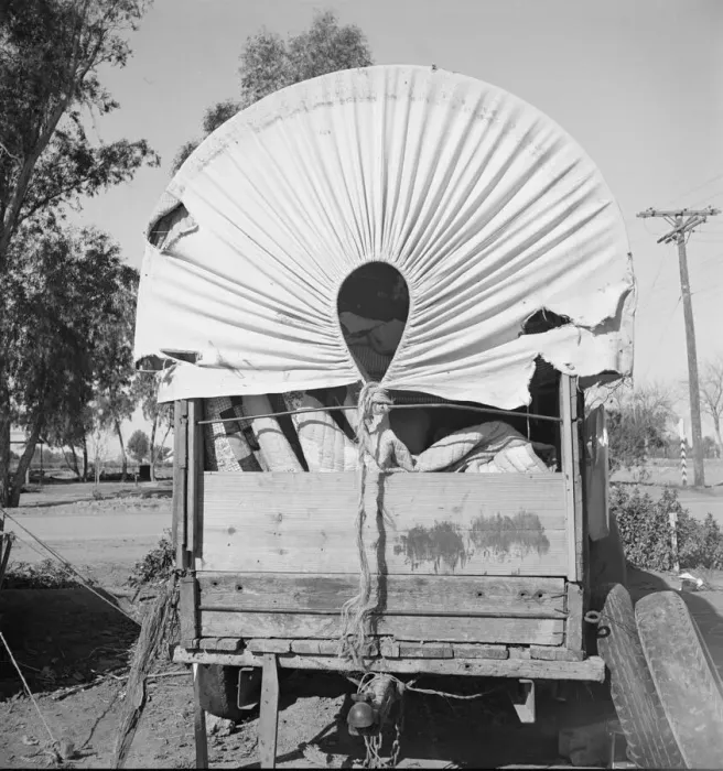 Framed Print : Covered wagon, migratory carrot pullers camp, near Holtville, Imperial Valley, 1939. Creator: Dorothea Lange Framed Print : Covered wagon, migratory carrot pullers camp, near Holtville, Imperial Valley, 1939. Creator: Dorothea Lange