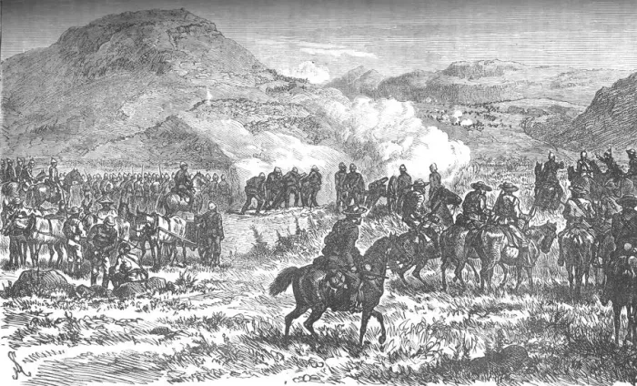 Framed Print : Covering the retreat of the fifty-eighth regiment after the Battle of Laings Nek, c1880 Framed Print : Covering the retreat of the fifty-eighth regiment after the Battle of Laings Nek, c1880