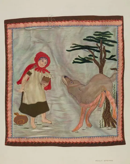 Framed Print : Coverlet Detail (Red Riding Hood), c. 1941. Creator: Adolph Opstad Framed Print : Coverlet Detail (Red Riding Hood), c. 1941. Creator: Adolph Opstad