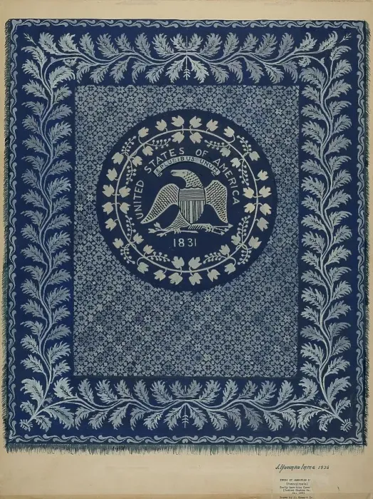 Framed Print : Coverlet (U.S. Seal), 1936. Creator: J. Howard Iams Framed Print : Coverlet (U.S. Seal), 1936. Creator: J. Howard Iams