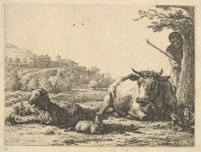 Framed Print : Cow, adult sheep, and young sheep lying in the grass; beyond Framed Print : Cow, adult sheep, and young sheep lying in the grass; beyond