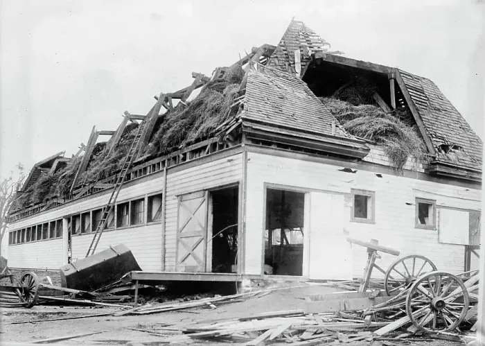 Framed Print : Cow barn unroofed, Geneva, N.Y. Cyclone, between c1910 and c1915. Creator: Bain News Service Framed Print : Cow barn unroofed, Geneva, N.Y. Cyclone, between c1910 and c1915. Creator: Bain News Service