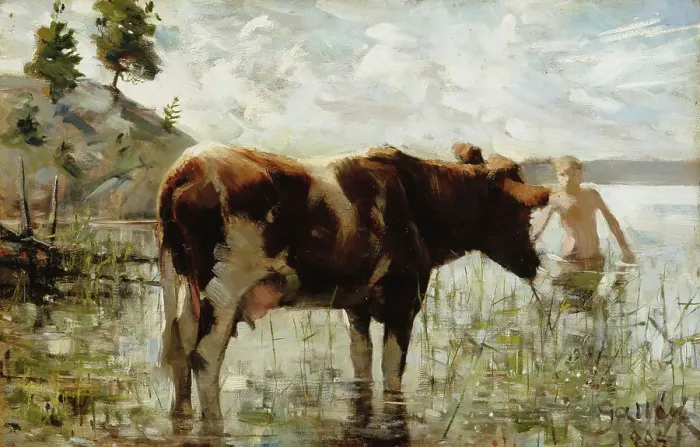 Framed Print : Cow and Boy, 1885. Creator: Akseli Gallen-Kallela Framed Print : Cow and Boy, 1885. Creator: Akseli Gallen-Kallela