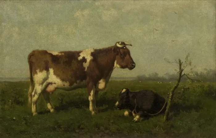 Framed Print : A Cow with her Calf in a Meadow, 1879. Creator: Jan Vrolijk Framed Print : A Cow with her Calf in a Meadow, 1879. Creator: Jan Vrolijk