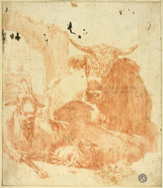 Cow, Goat, Sheep Lying Down in Ruins, n.d. Creators: Jan Roos, Paulus Potter