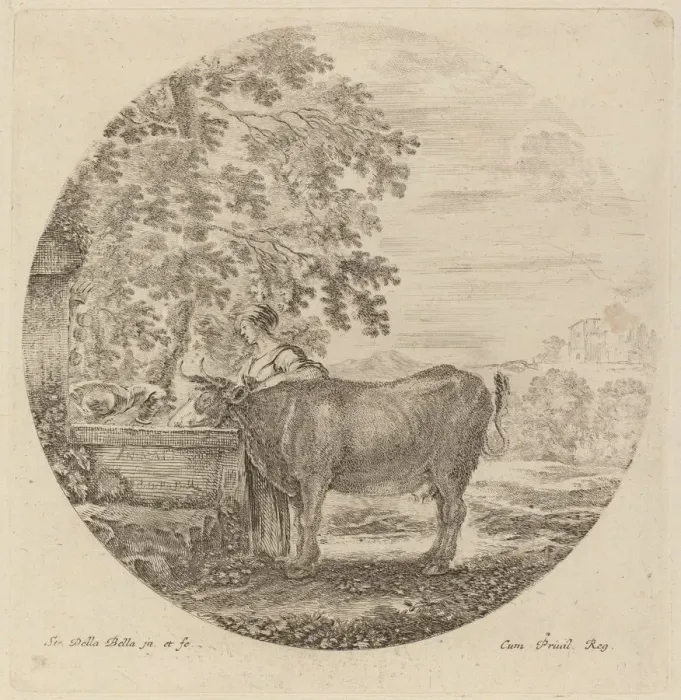 Framed Print : Cow and Young Shepherd at a Fountain. Creator: Stefano della Bella Framed Print : Cow and Young Shepherd at a Fountain. Creator: Stefano della Bella