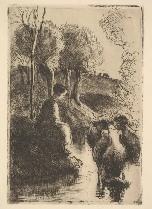 Framed Print : Cowherd, at Waters Edge, 1890. Creator: Camille Pissarro Framed Print : Cowherd, at Waters Edge, 1890. Creator: Camille Pissarro