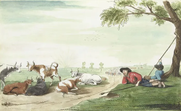 Framed Print : Two cowherds at sunrise or sunset, 1654. Creator: Gesina ter Borch Framed Print : Two cowherds at sunrise or sunset, 1654. Creator: Gesina ter Borch