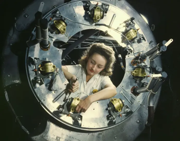 Framed Print : Part of the cowling for one of the motors... North American Aviation, Inc. Inglewood, Calif. 1942. Creator: Alfred T Palmer Framed Print : Part of the cowling for one of the motors... North American Aviation, Inc. Inglewood, Calif. 1942. Creator: Alfred T Palmer