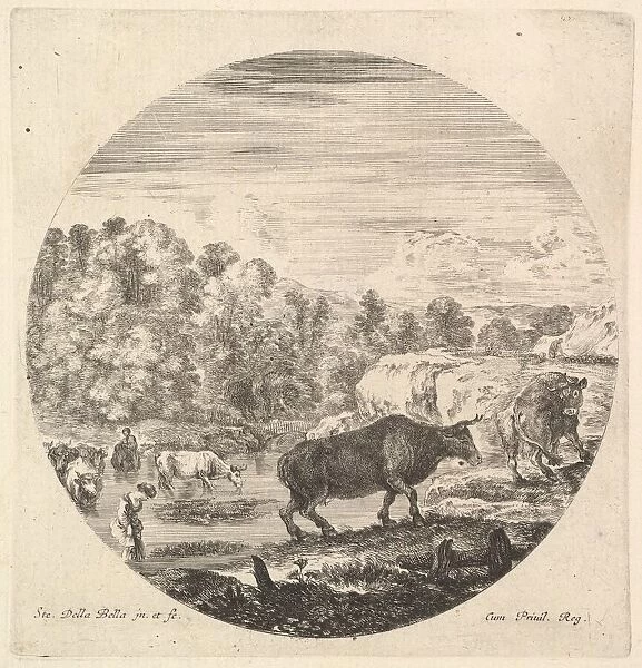 Two cows in center, followed by two peasant women and other cows in the river to le