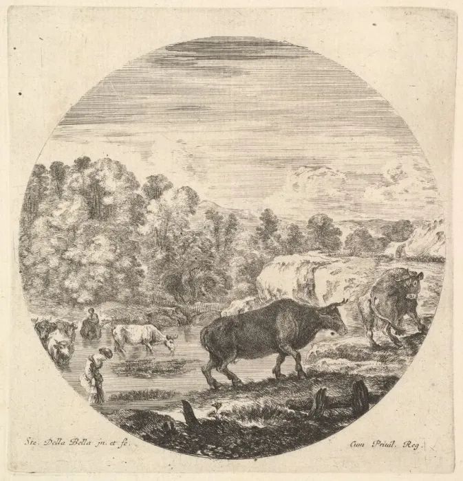 Framed Print : Two cows in center, followed by two peasant women and other cows in the river to le Framed Print : Two cows in center, followed by two peasant women and other cows in the river to le