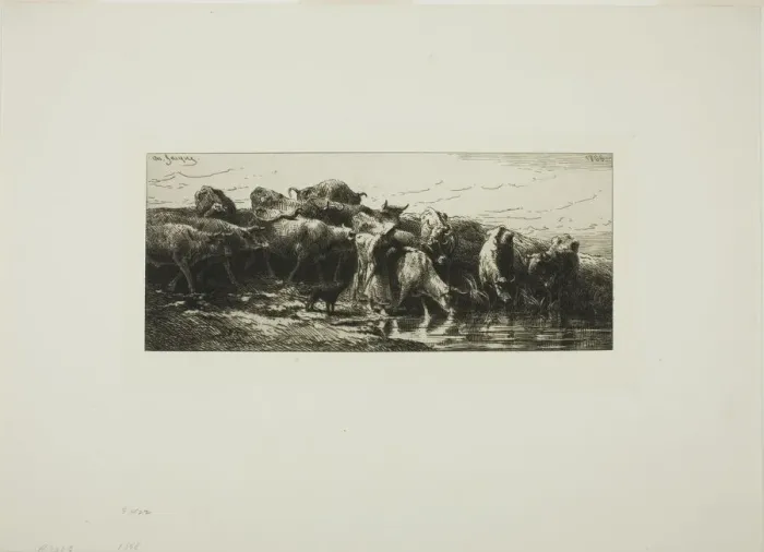 Framed Print : Cows Drinking from the River, 1878. Creator: Charles Emile Jacque Framed Print : Cows Drinking from the River, 1878. Creator: Charles Emile Jacque